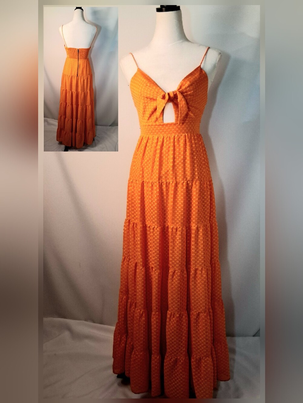 Alice + Olivia Orange Minka Cut Out Tiered Fil Coupe Chiffon  Maxi Dress 0